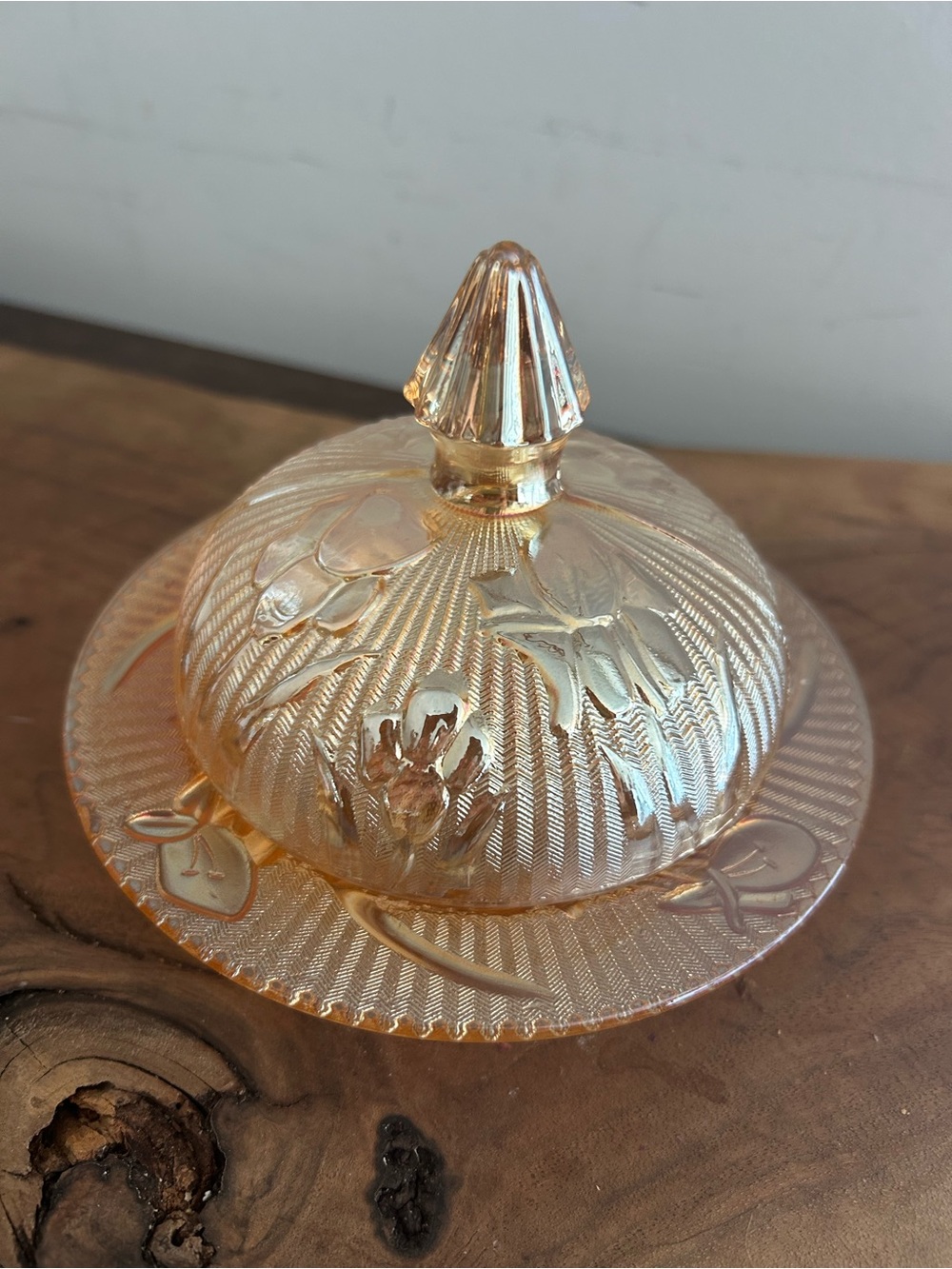 vintage iridescent round domed butter dish Iris Herringbone carnival glass